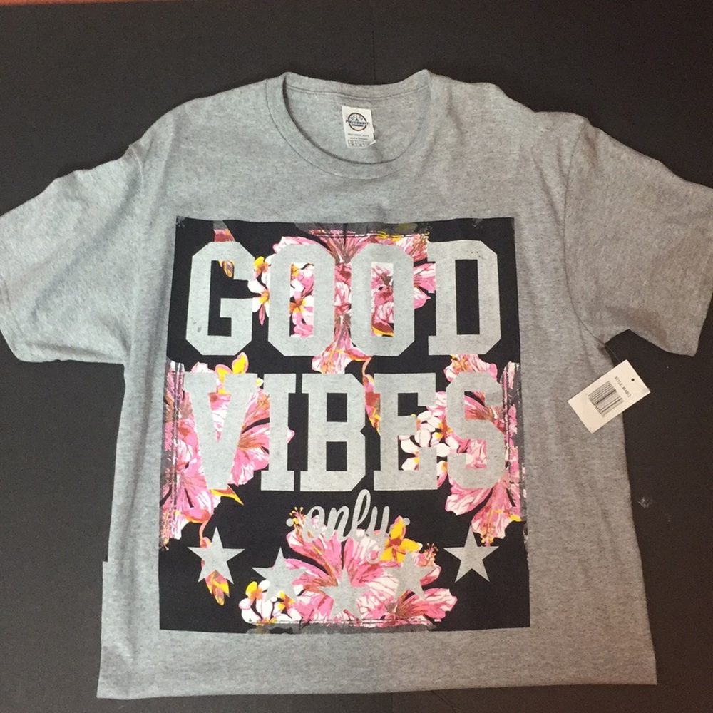 GOOD VIBES ONLY GRAY T SHIRT PINK YELLOW FLOWERS